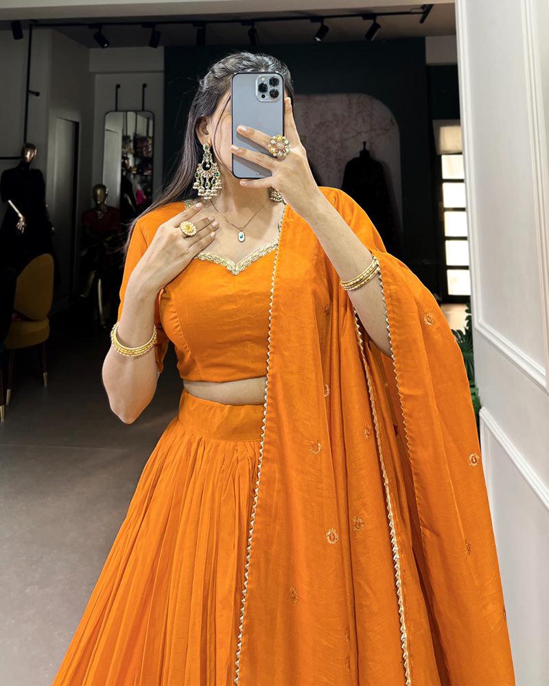 Yellow Color Pure Chanderi Plain Navratri Lehenga Choli