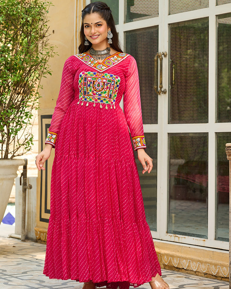 Vibrant Pink Kutchi Work Laheriya Printed Anarkali Gown