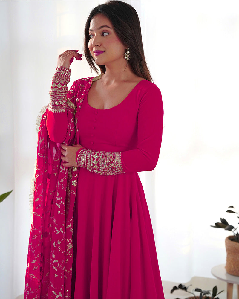 Rani Pink Color Soft Georgette Anarkali Gown With Heavy Embroidery Work Dupatta
