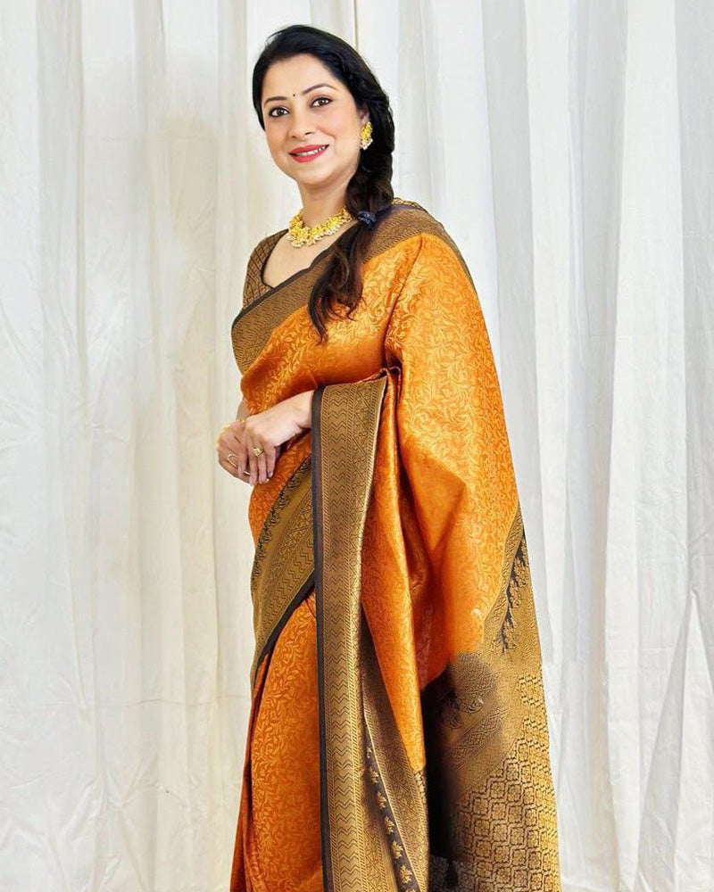 Beautiful Orange Color Soft Lichi Silk Saree