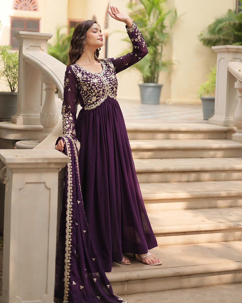 Wine Color Faux Blooming Multi Embroidered Work Gown