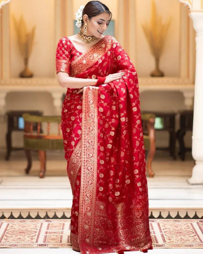 Red Color Banarasi Jacquard With Zari Work Saree