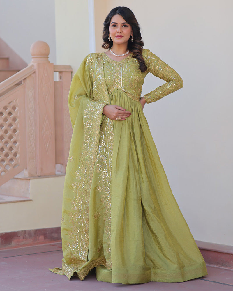 Parrot Green Color Gold Crush Embroidered Work Gown TANHAI Parrot Green Color Gold Crush Embroidered Work Gown TANHAI