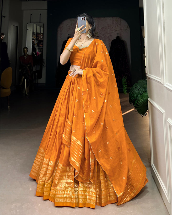 Yellow Color Pure Chanderi Plain Navratri Lehenga Choli