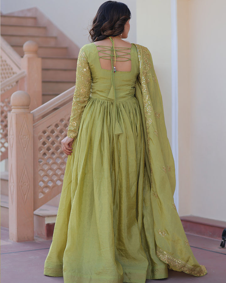 Parrot Green Color Gold Crush Embroidered Work Gown