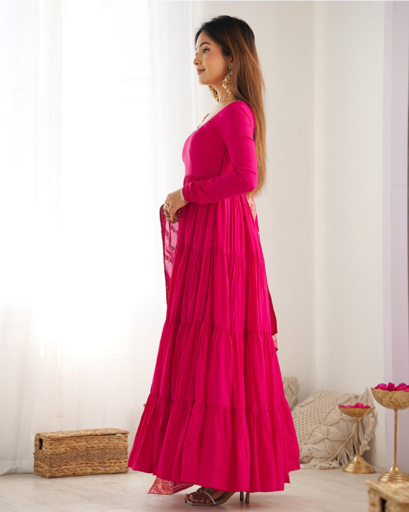 Rani Pink Color Pure Roman Silk Ruffle Style Anarkali Suit