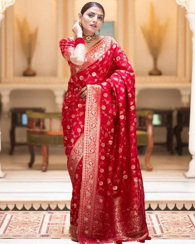 Red Color Banarasi Jacquard With Zari Work Saree