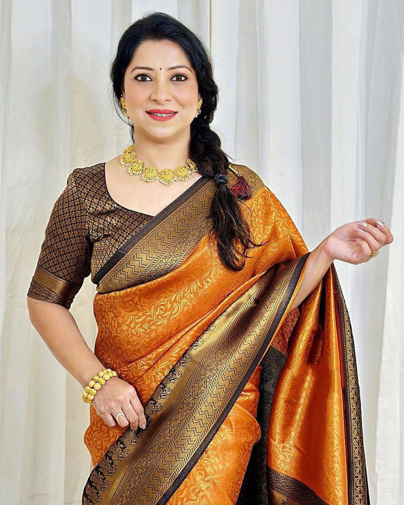 Beautiful Orange Color Soft Lichi Silk Saree