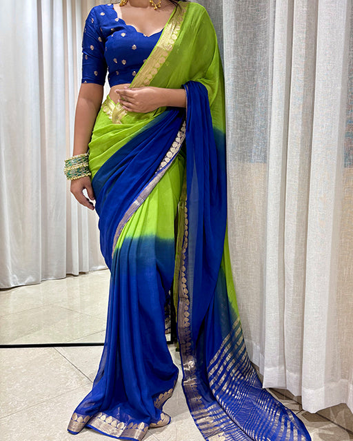 Parrot Green Color Viscose Georgette Shaded Saree