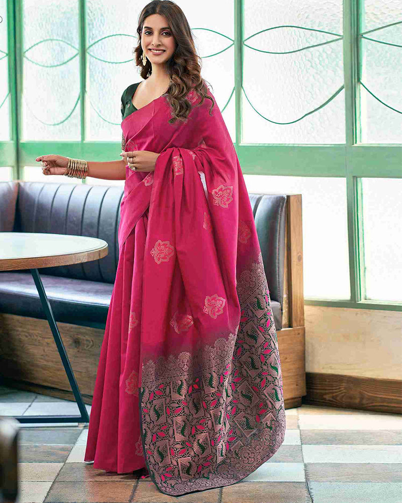 Rani Pink Color Banarasi Jacquard Soft Silk Saree