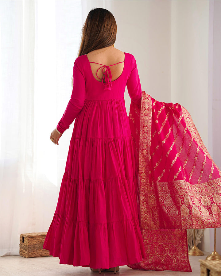 Rani Pink Color Pure Roman Silk Ruffle Style Anarkali Suit