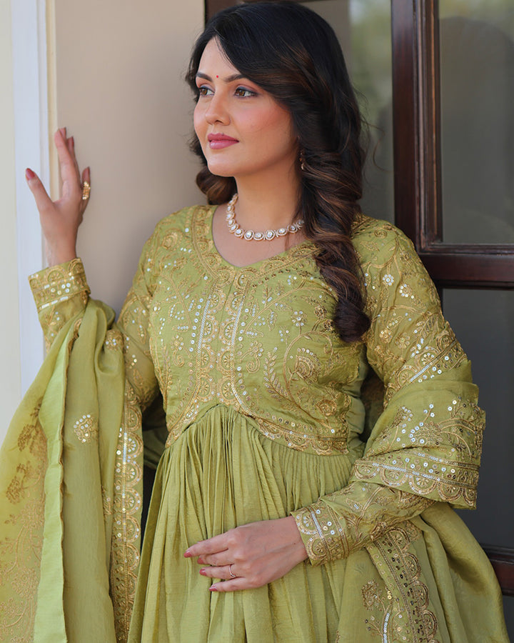 Parrot Green Color Gold Crush Embroidered Work Gown
