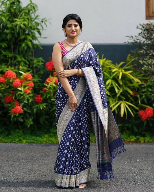 Heavy Designing Navy Blue Color Banarasi Soft Silk Saree