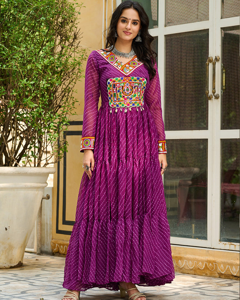Vibrant WIne Kutchi Work Laheriya Printed Anarkali Gown