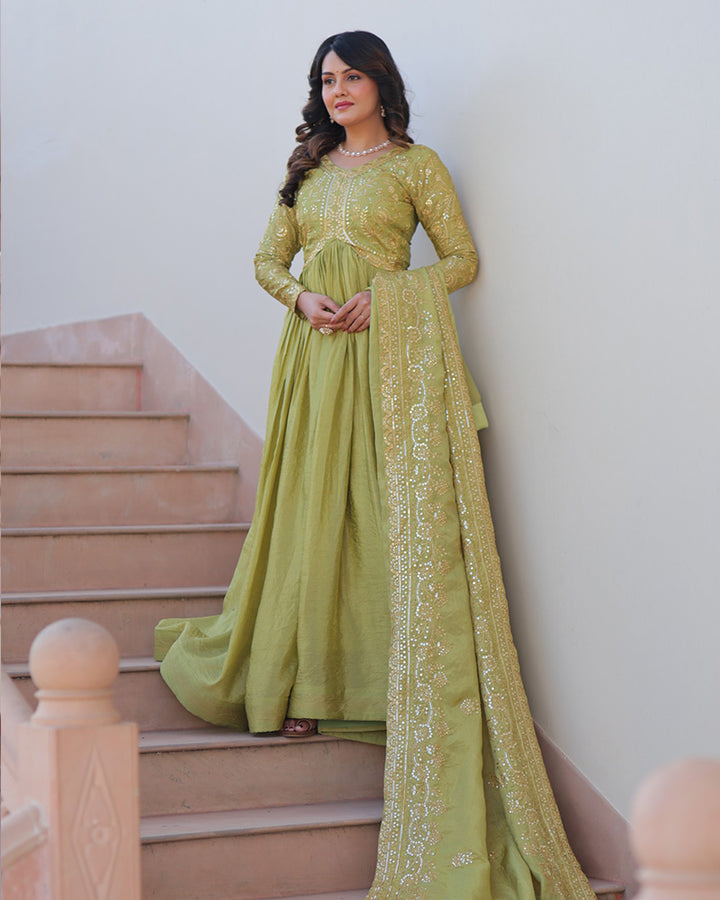 Parrot Green Color Gold Crush Embroidered Work Gown
