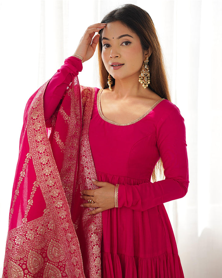 Rani Pink Color Pure Roman Silk Ruffle Style Anarkali Suit