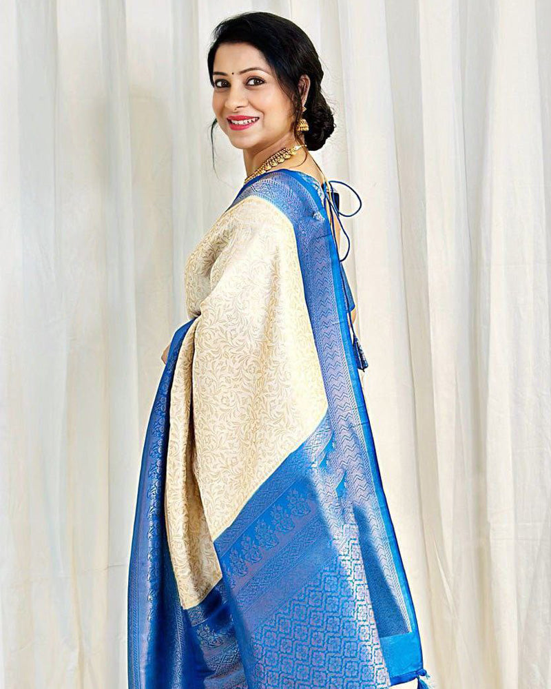 Beautiful Cream Color Soft Lichi Silk Saree