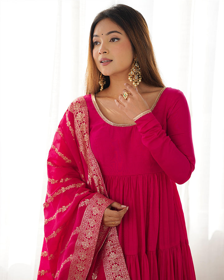 Rani Pink Color Pure Roman Silk Ruffle Style Anarkali Suit