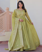 Parrot Green Color Gold Crush Embroidered Work Gown