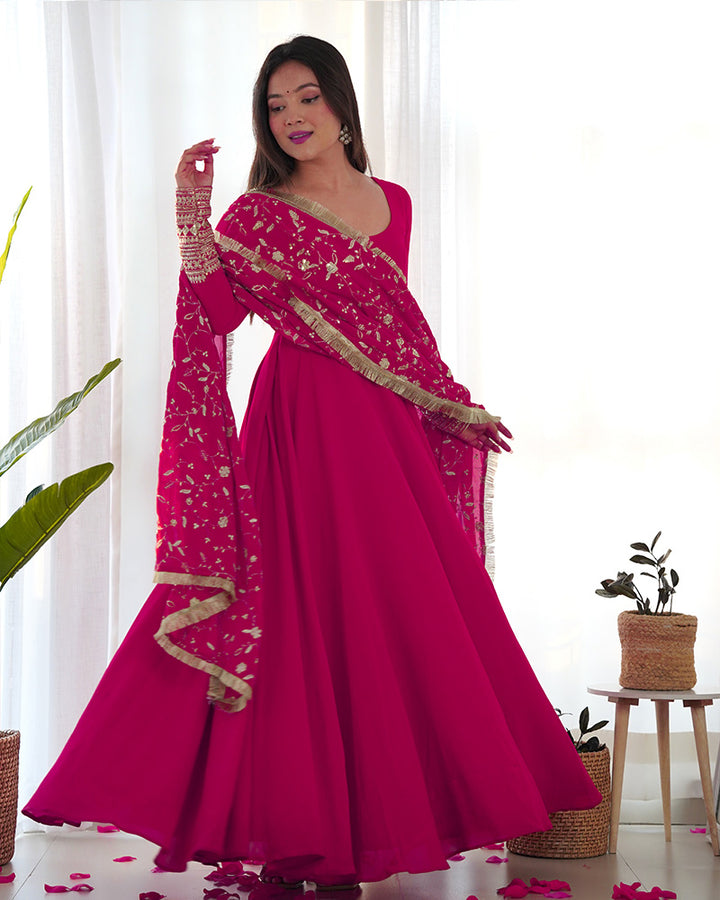 Rani Pink Color Soft Georgette Anarkali Gown With Heavy Embroidery Work Dupatta