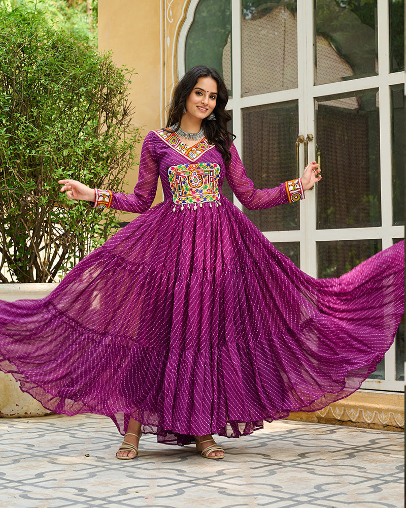 Vibrant WIne Kutchi Work Laheriya Printed Anarkali Gown