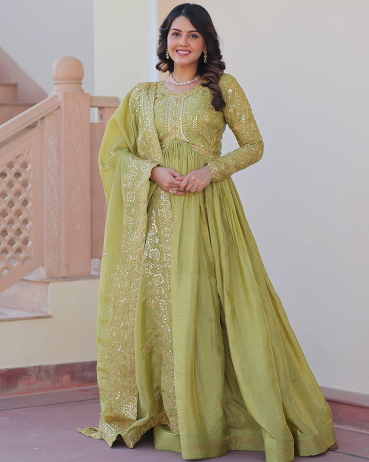 Parrot Green Color Gold Crush Embroidered Work Gown