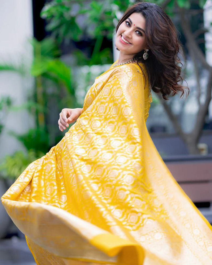 Heavy Designing Yellow Color Jacquard Print Soft Silk Saree