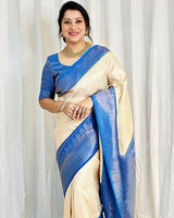 Beautiful Cream Color Soft Lichi Silk Saree