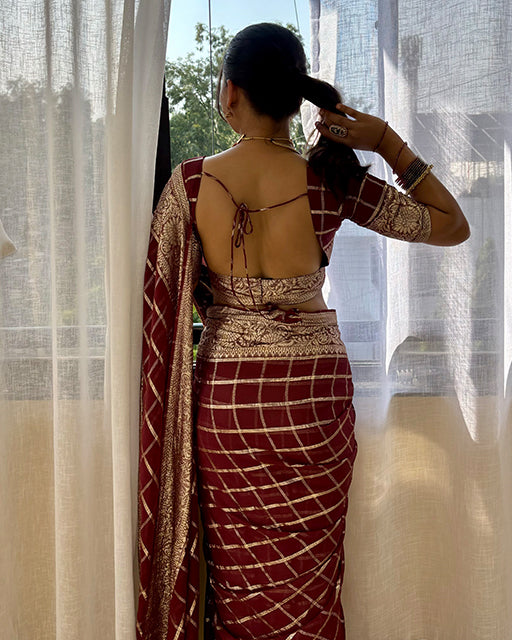 Brown Color Viscose Georgette Chex Saree