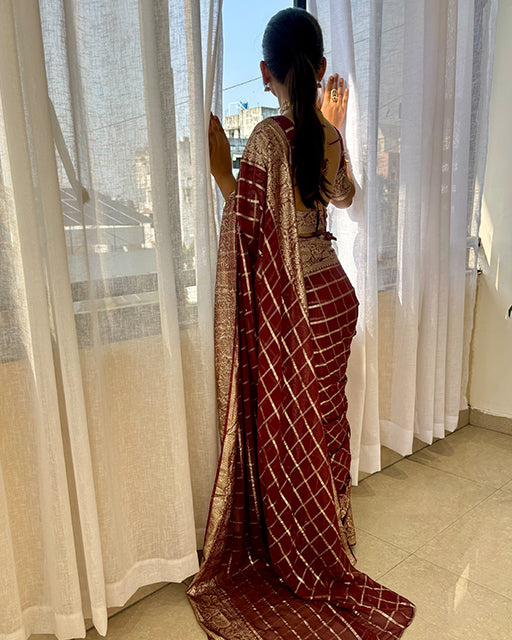 Brown Color Viscose Georgette Chex Saree