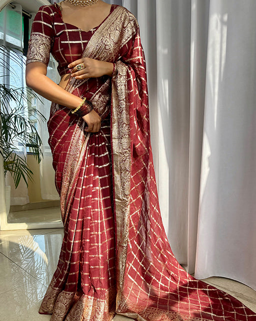 Brown Color Viscose Georgette Chex Saree