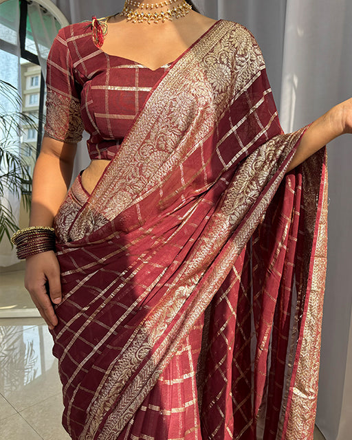 Brown Color Viscose Georgette Chex Saree
