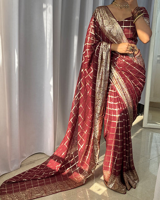 Brown Color Viscose Georgette Chex Saree