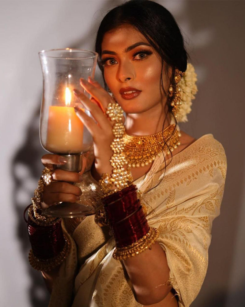 Heavy Designing Cream Color Soft Lichi Silk Saree