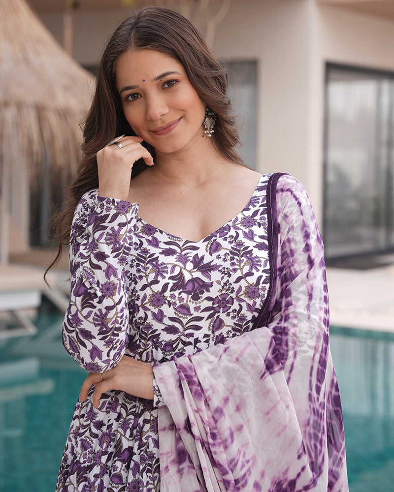 White And Purple Color Floral Printed Cotton Anarkali Suit