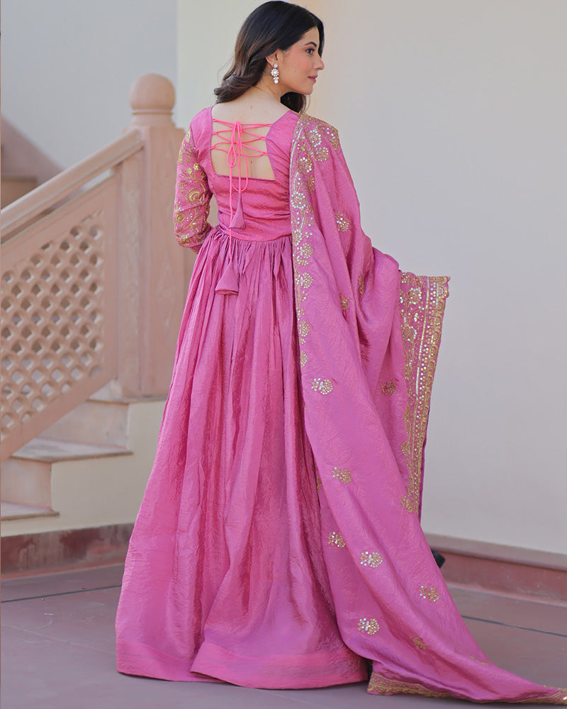 Pink Color Gold Crush Embroidered Work Gown