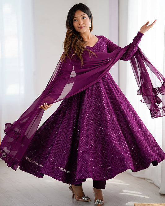 Wine Color Georgette Lucknowi Three Piece Anarkali Suit