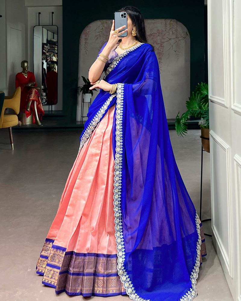 Designer Peach Color Kanchipuram Zari Weaving Half Saree