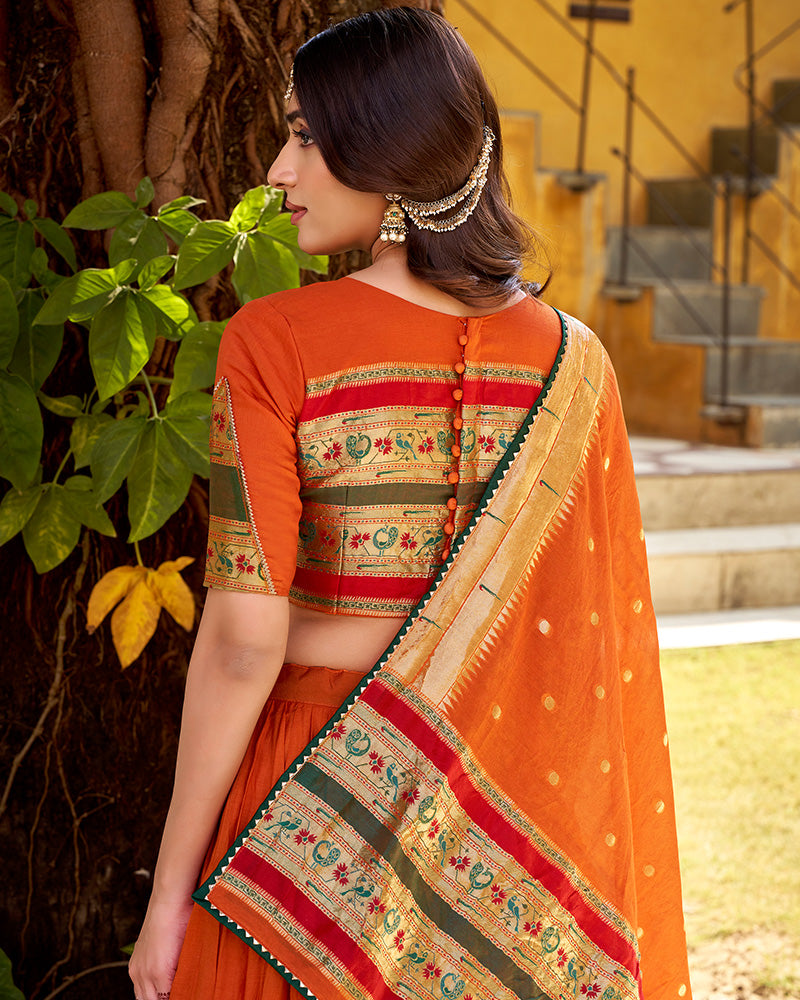 Orange Color Pure Nylon Chanderi Plain Half Saree