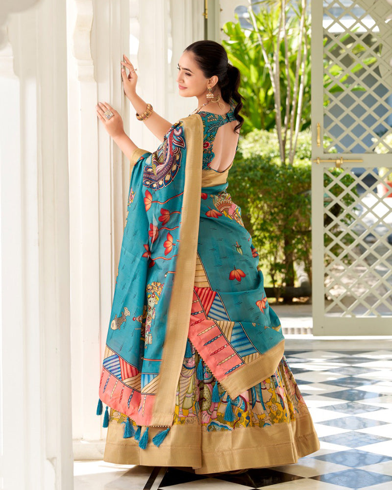 Yellow Color Dola Silk Designer Kalamkari Print Half Saree