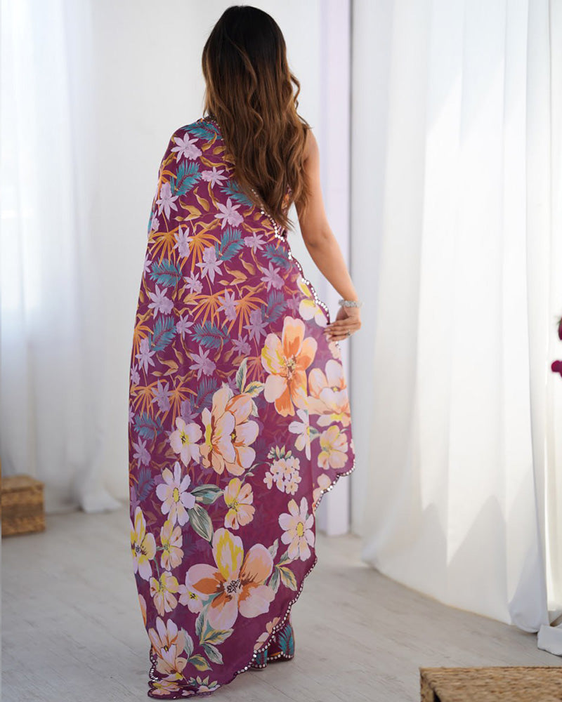 Wine Color Chinnon Silk Mirror Work Saree