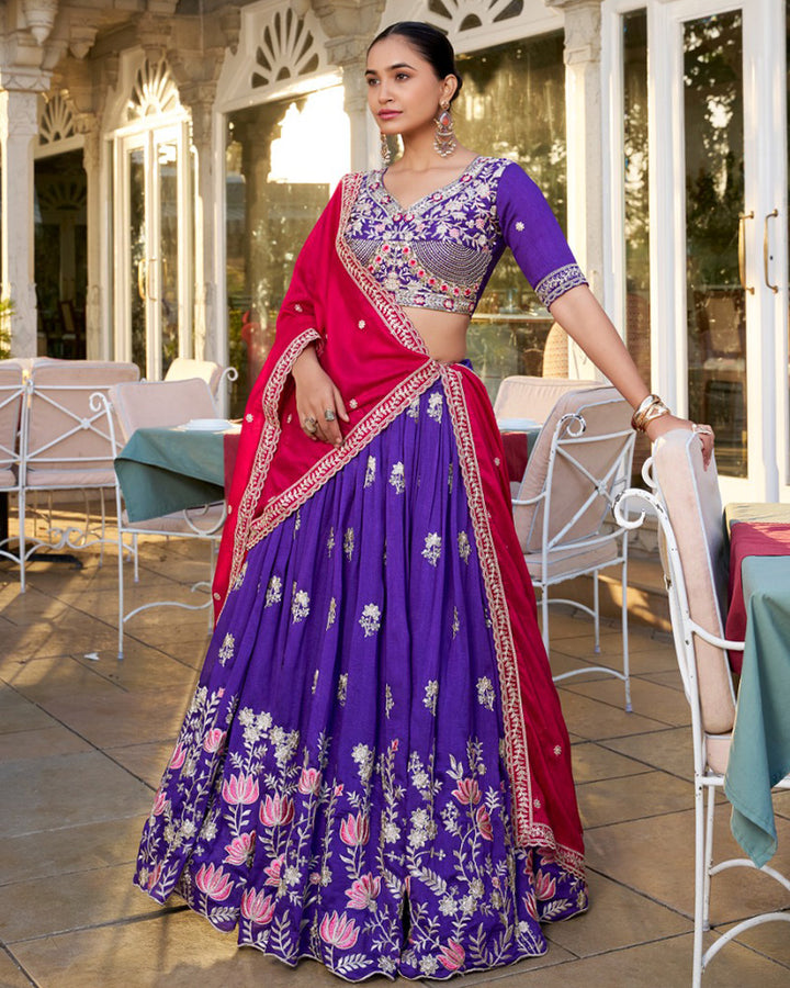 Purple Color Vichitra Silk Thread Embroidered Lehenga Choli