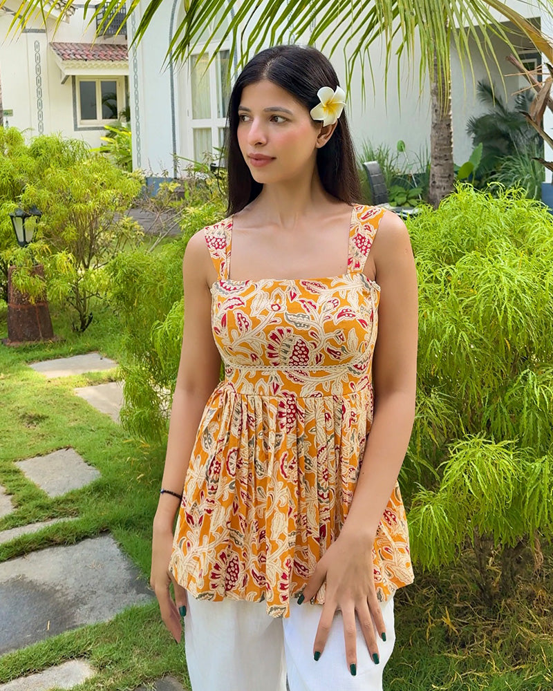 Yellow Color Pure Cotton Floral Printed Tunic