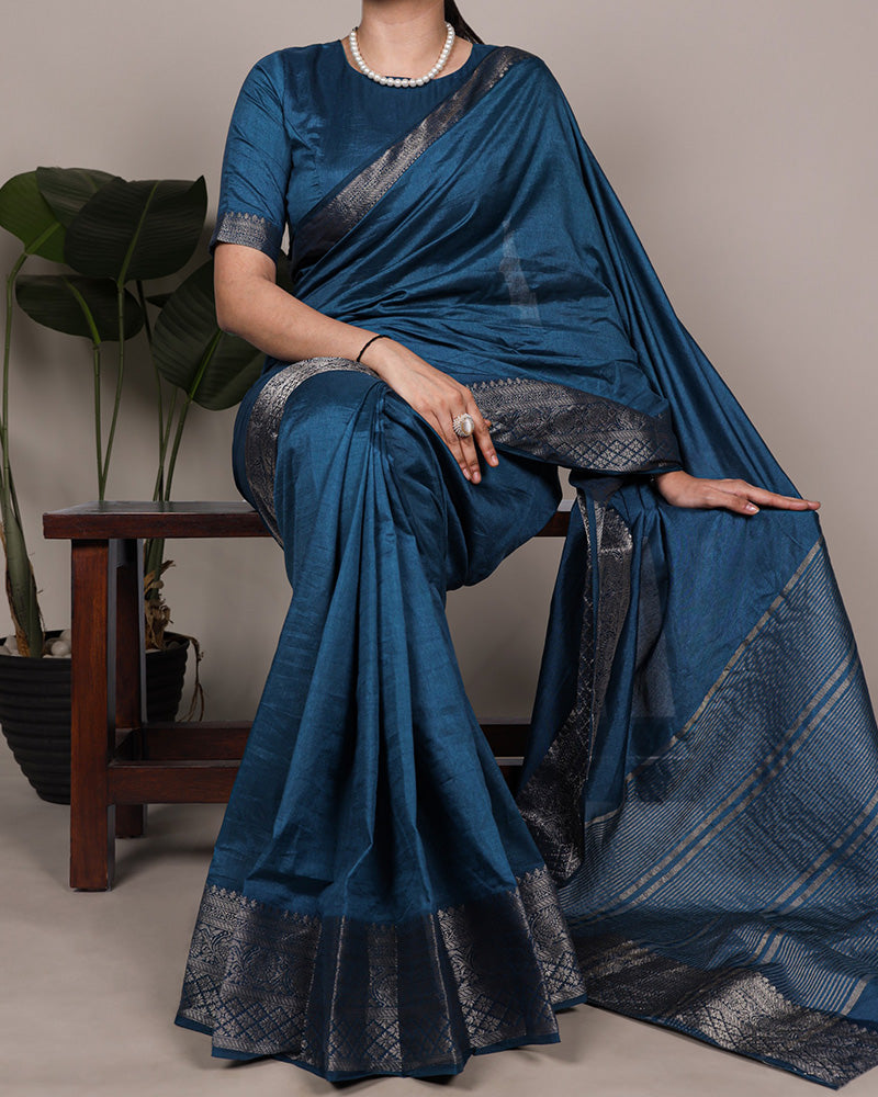 Peacock Color Nylon Dola Silk Zari Weaving Saree