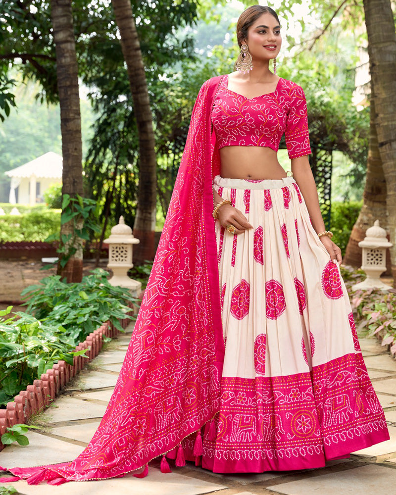 Pink Color Tussar Silk Bandhej Printed Lehenga Choli