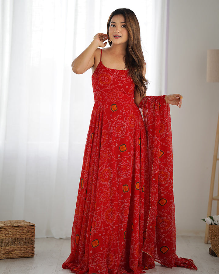 Floral Red Color Bandhani Print Soft Chiffon Anarkali Gown