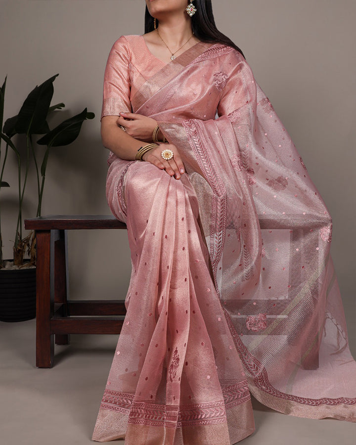 Light Pink Color Poly Shimmer Embroidered Saree