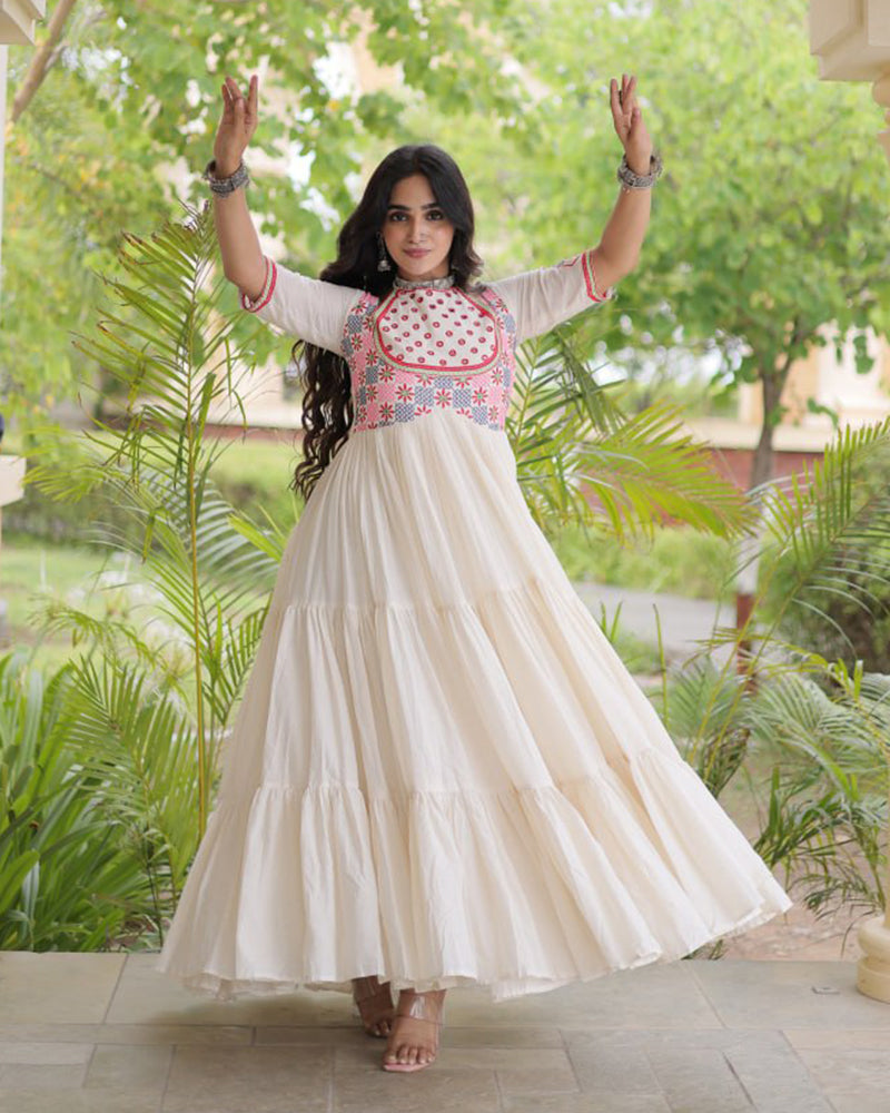 Two Color Kora Cotton with Multi Thread Embroidered Navratri Gown