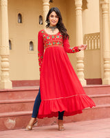 Traditional Red Pure Rayon Embroidered Navratri Kurti