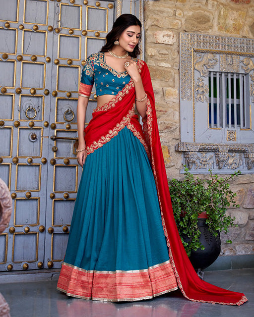 Teal Green Color Vichitra Silk Sequins Half Saree